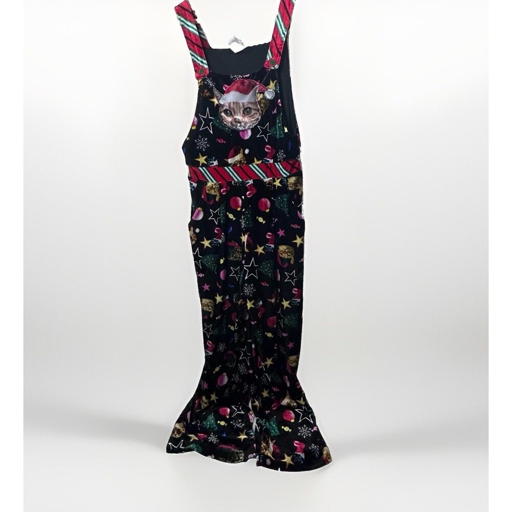 No Boundaries Christmas Cat Velvet Jumpsuit Black Festive Holiday Wide Leg M 7-9
